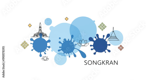 Songkran festival with blue paint splatters temples and lotus flowers Thai New Year