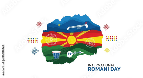 International Romani Day celebration with North Macedonia map flag musical instruments