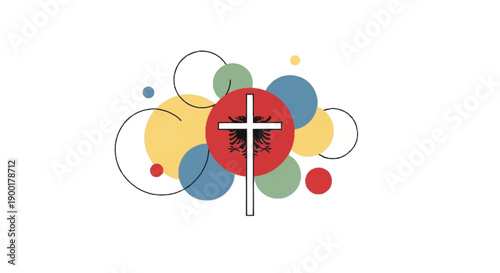 Albanian flag with double headed eagle and cross surrounded by colorful circles white cross
