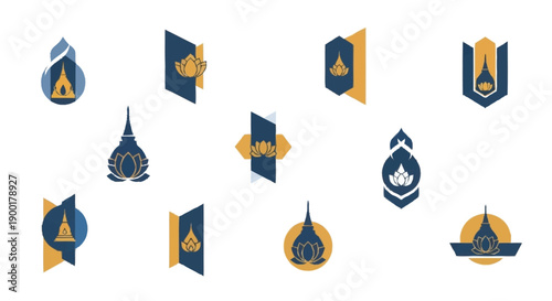 Buddhist temple and lotus flower in blue and gold