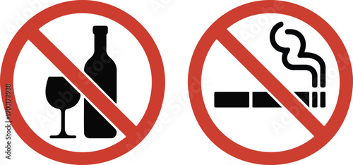 No Alcohol and No Smoking Prohibition Icon Set for Health and Safety Rules