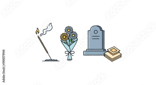 Incense stick bouquet flowers tombstone and money