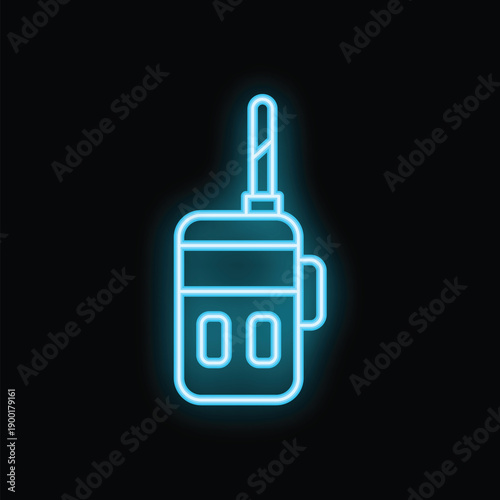 Blue neon walkie talkie glowing on black background is perfect for a communication themed design concept