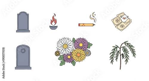 Cartoon symbols grave stones flowers cigarette money incense