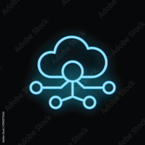 Neon blue cloud computing icon is distributing data to a network