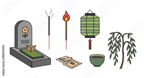 Japanese grave marker with offerings and decorations stone incense stick