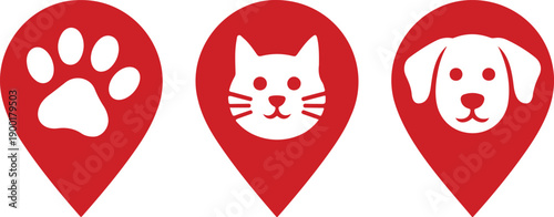 Pet Location Pin Icon Set with Cat and Dog Symbols for Animal Services