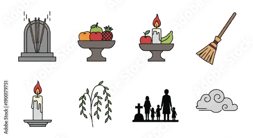 Various funeral and memorial symbols broom candle