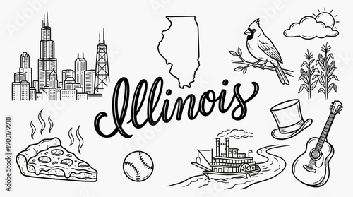 Illinois State Culture Vector Illustration – Chicago Skyline, Agriculture, Lincoln, Sports, and Cuisine Icons for Regional Identity and Travel Design Use