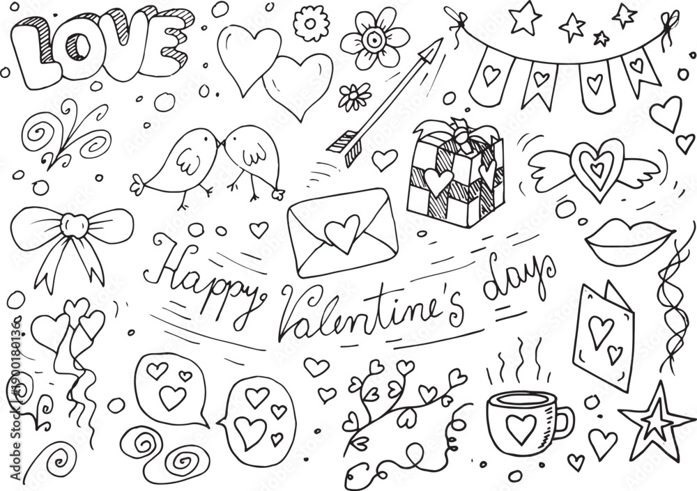 Fototapeta premium Valentine's day, love day, hand drawn vector doodle elements 
