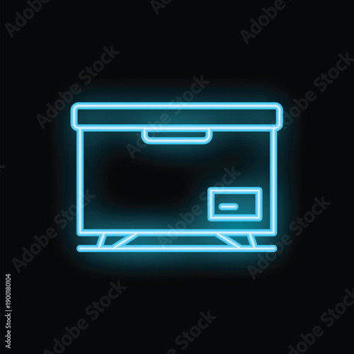 Neon sign of a closed cardboard box standing on a platform, glowing in blue light against a black background