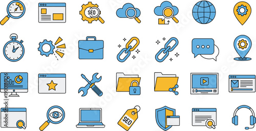 Digital marketing icons, SEO tools, web development graphics, analytics symbols, online strategy, search optimization, website interface, backlink concept, content visibility, tech communication