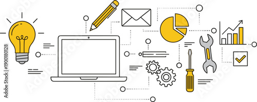 Digital productivity, business tools, data analysis, workflow integration, laptop interface, creative process, task management, innovation icons, analytics visuals, modern workspace