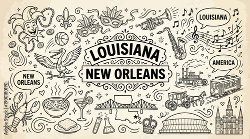 Louisiana & New Orleans Culture Vector Illustration – Mardi Gras, Jazz, Cuisine, Riverboat, Superdome, and Heritage Icons for Regional Identity and Travel Design Use