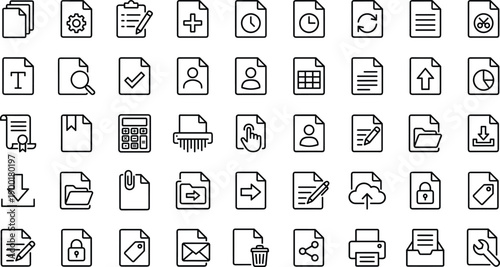 Document management icon set, file functions, productivity tools, secure access, data organization, digital workflow, minimal design, office interface