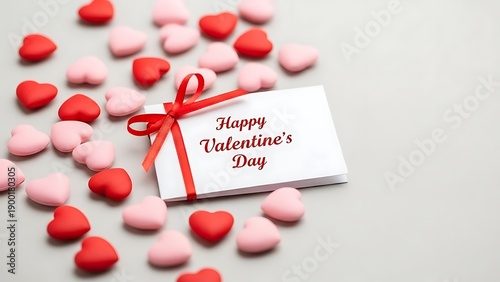 Happy Valentine's Day Card Surrounded by Heart Candies on a Light Gray Background