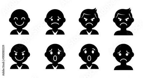 Eight black silhouette icons depicting various human facial expressions