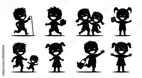 Silhouettes of happy children playing and interacting with each other