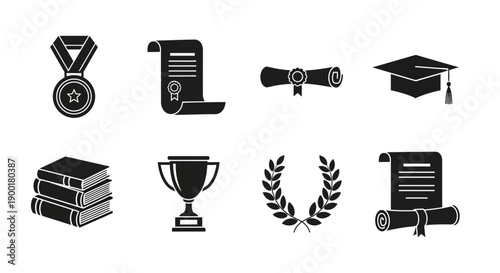 Graduation symbols and academic achievements in a monochrome set