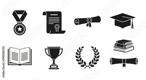 Black and white icons representing academic achievements and scholastic success