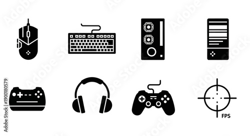 Black silhouette icons representing various computer and gaming peripherals