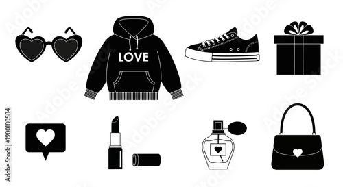 Black and white icons depicting fashion accessories and romantic elements
