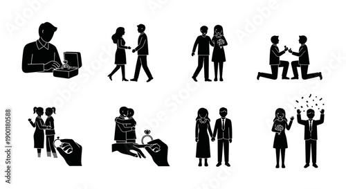 Fotografie A series of black silhouette icons depicting various stages of romance