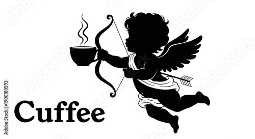 Cupid with coffee a playful black silhouette illustration with text