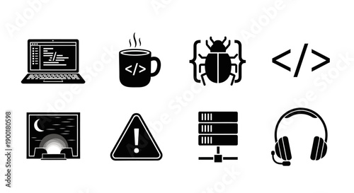 Black and white icons representing coding technology and digital lifestyle