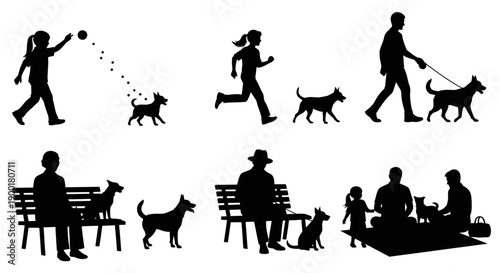 People and their canine companions enjoying outdoor activities in silhouette