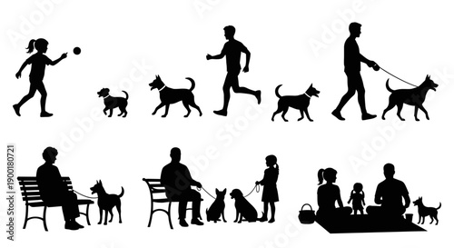 Silhouettes of people and dogs in various outdoor activities