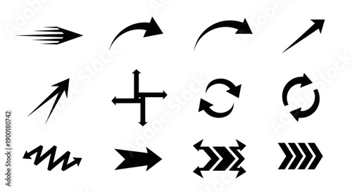 Collection of diverse black arrow icons representing direction and movement