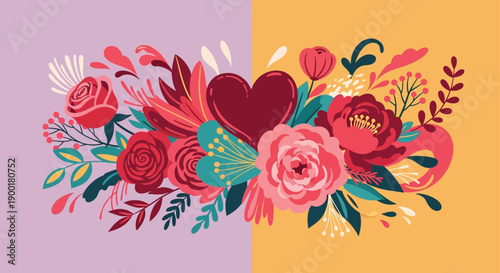 A vibrant floral arrangement with a heart surrounded by colorful flowers and leaves on a pastel background