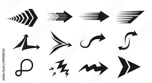 Collection of black arrow shapes with varying designs and directions
