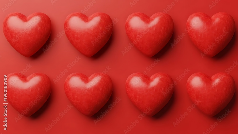 Obraz premium Eight shiny red hearts arranged in two rows on a vibrant red background for Valentine's Day