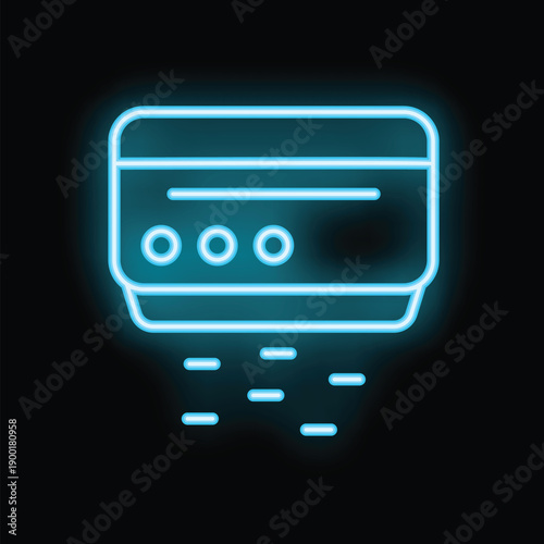 Bright blue neon air conditioner icon glowing on a black background