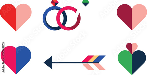 A colorful collection of heart shapes and rings on a white background