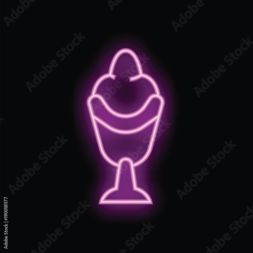 Bright pink neon sign representing an ice cream sundae with a cherry on top, on a black background
