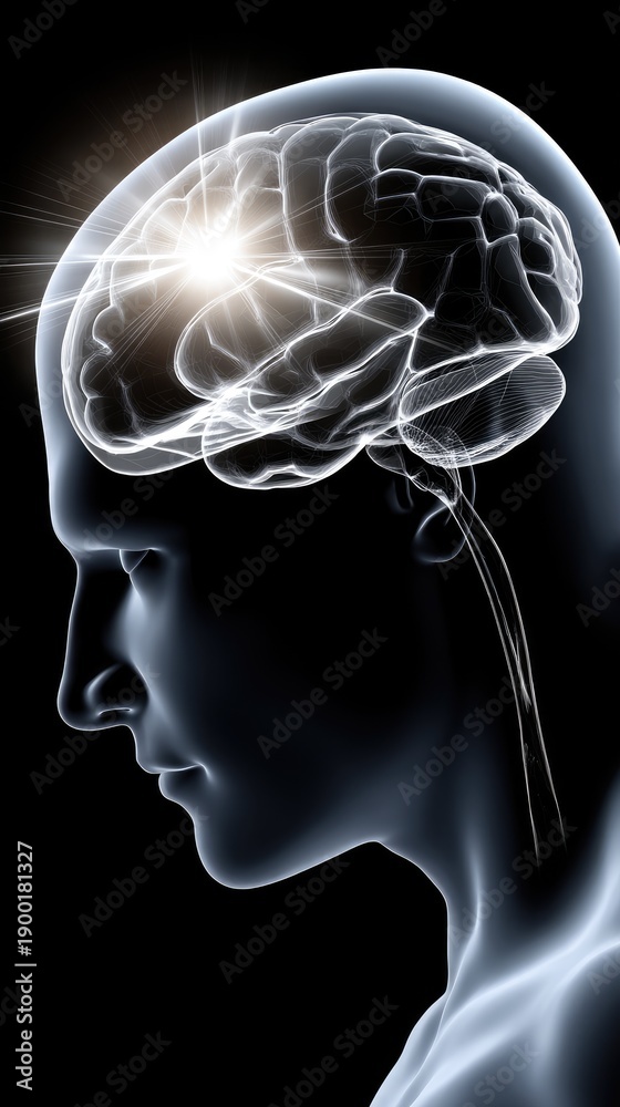 Obraz premium Abstract design shows a human head with a glowing brain and connection lines, representing ideas in technology and innovation