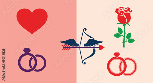 A colorful illustration of Valentine's Day symbols including hearts, rings, and a bow and arrow
