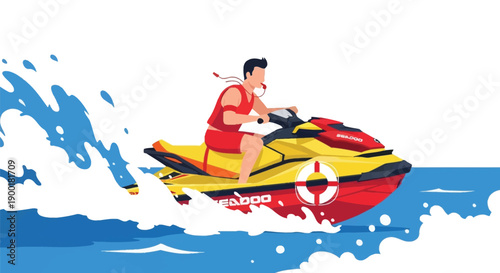 A vibrant illustration of a man riding a yellow and red jet ski