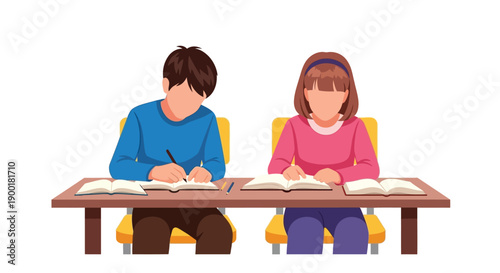Two students are seated at a desk focused on their books and writing