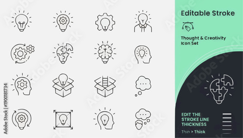 Thought and Creativity vector icon set containing 16 editable stroke icons. stock illustration