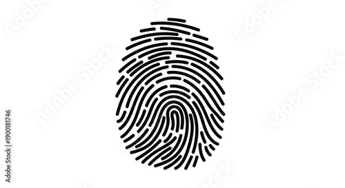 A black and white illustration of a human fingerprint on white background
