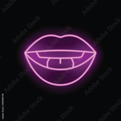 Bright pink neon sign showing lips licking with tongue on black background