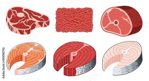 Various cuts of raw meat including beef pork and salmon displayed graphically