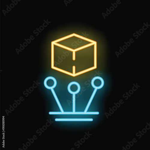 Neon sign illustrating blockchain technology connecting with a cube, symbolizing a block in the chain