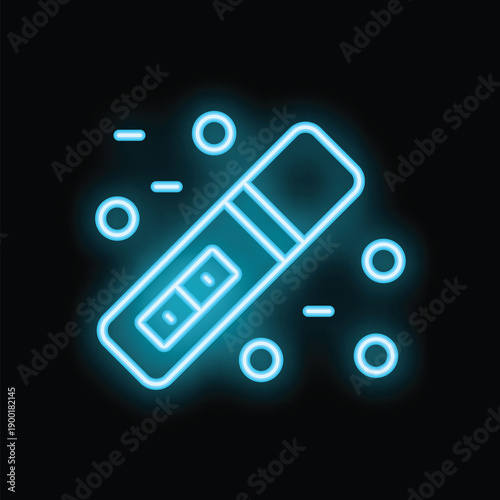 Blue neon pregnancy test glowing on dark background representing pregnancy and maternity
