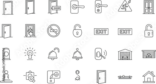 Door and security icon set, lock symbols, exit signs, access control visuals, black and white vector illustrations, home and building safety