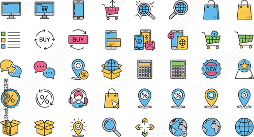 E-commerce icons, shopping cart, mobile commerce, online store, digital marketing, buy button, global trade, retail app, colorful symbols, SEO optimized